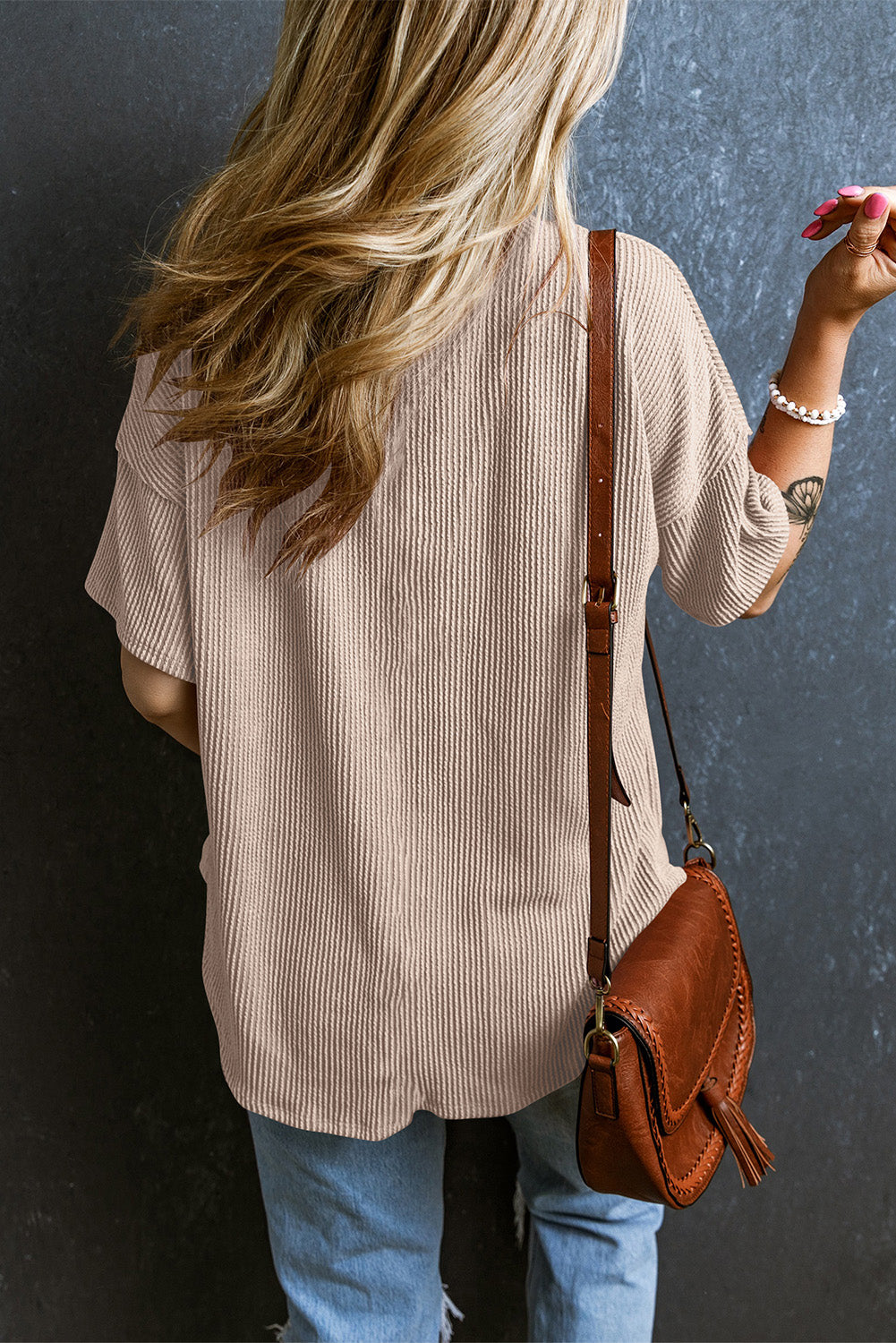 Textured V-Neck Dropped Shoulder T-Shirt-Angel Casuals