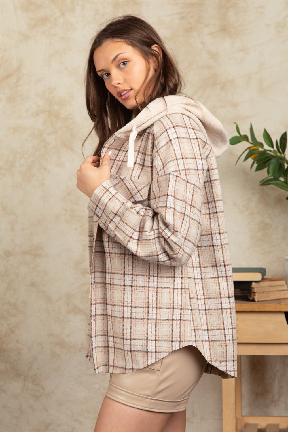Drawstring Plaid Long Sleeve Hooded Jacket-Angel Casuals