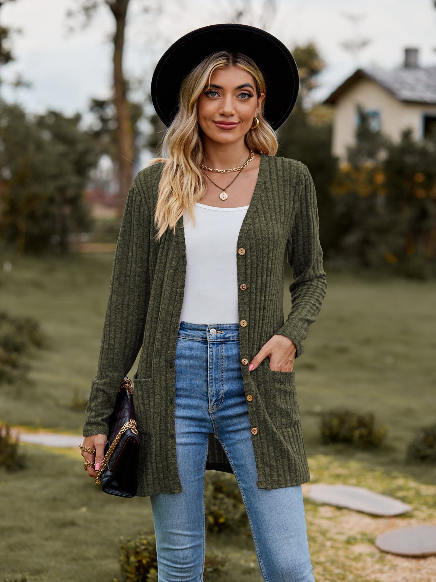 Ribbed Button-Up Cardigan with Pockets-Angel Casuals