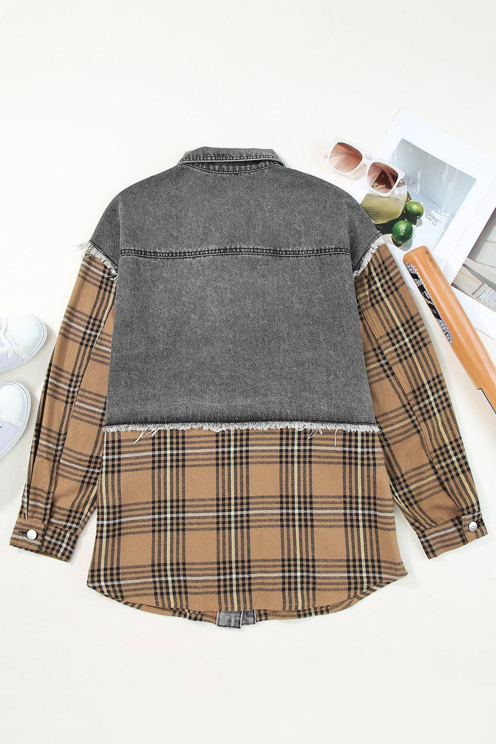 Plaid Raw Hem Button Up Denim Jacket-Angel Casuals