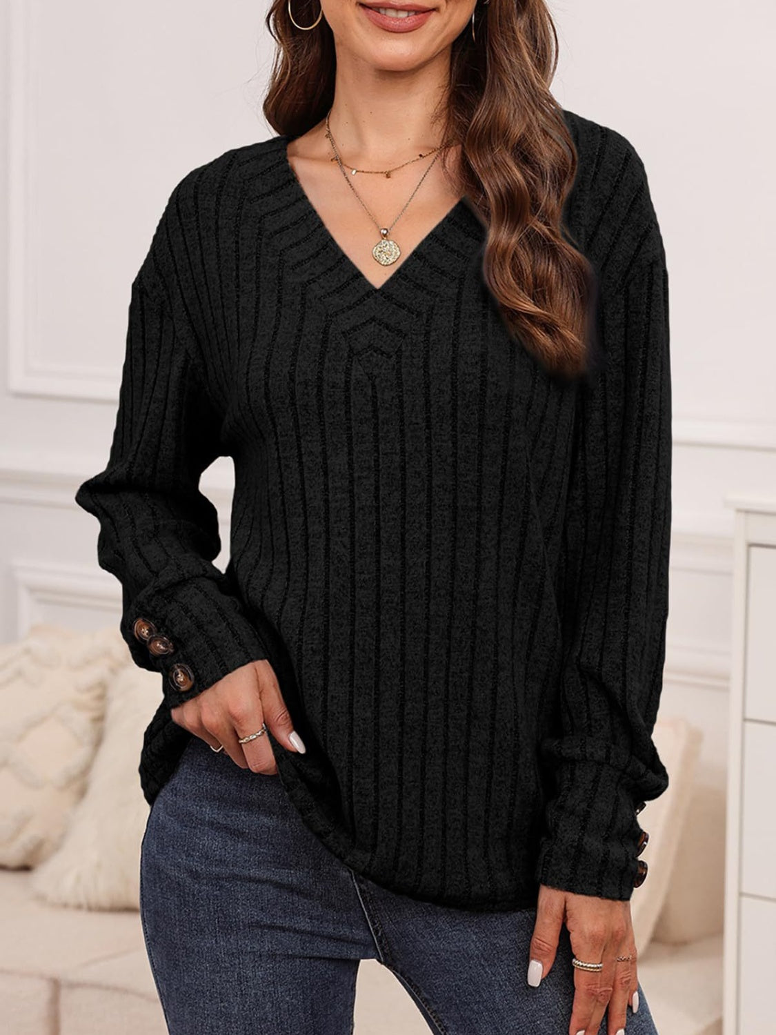 Ribbed V-Neck Long Sleeve T-Shirt-Angel Casuals