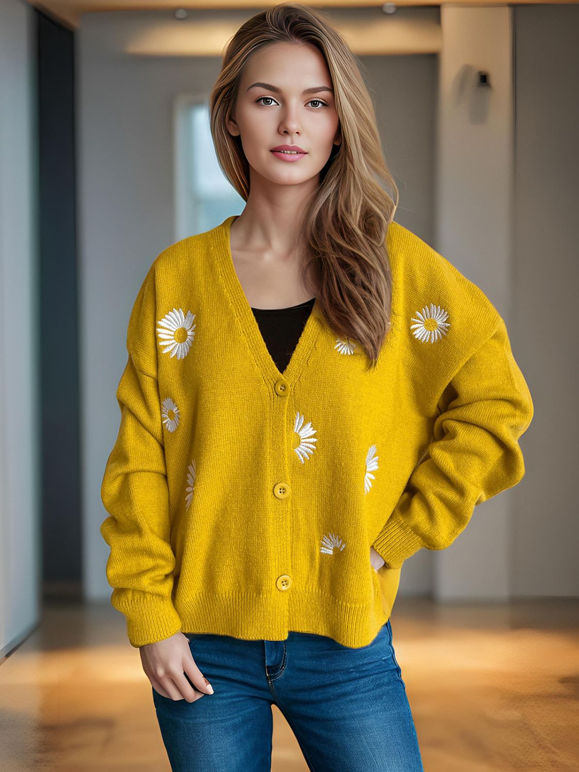Daisy Button Up V-Neck Cardigan-Angel Casuals