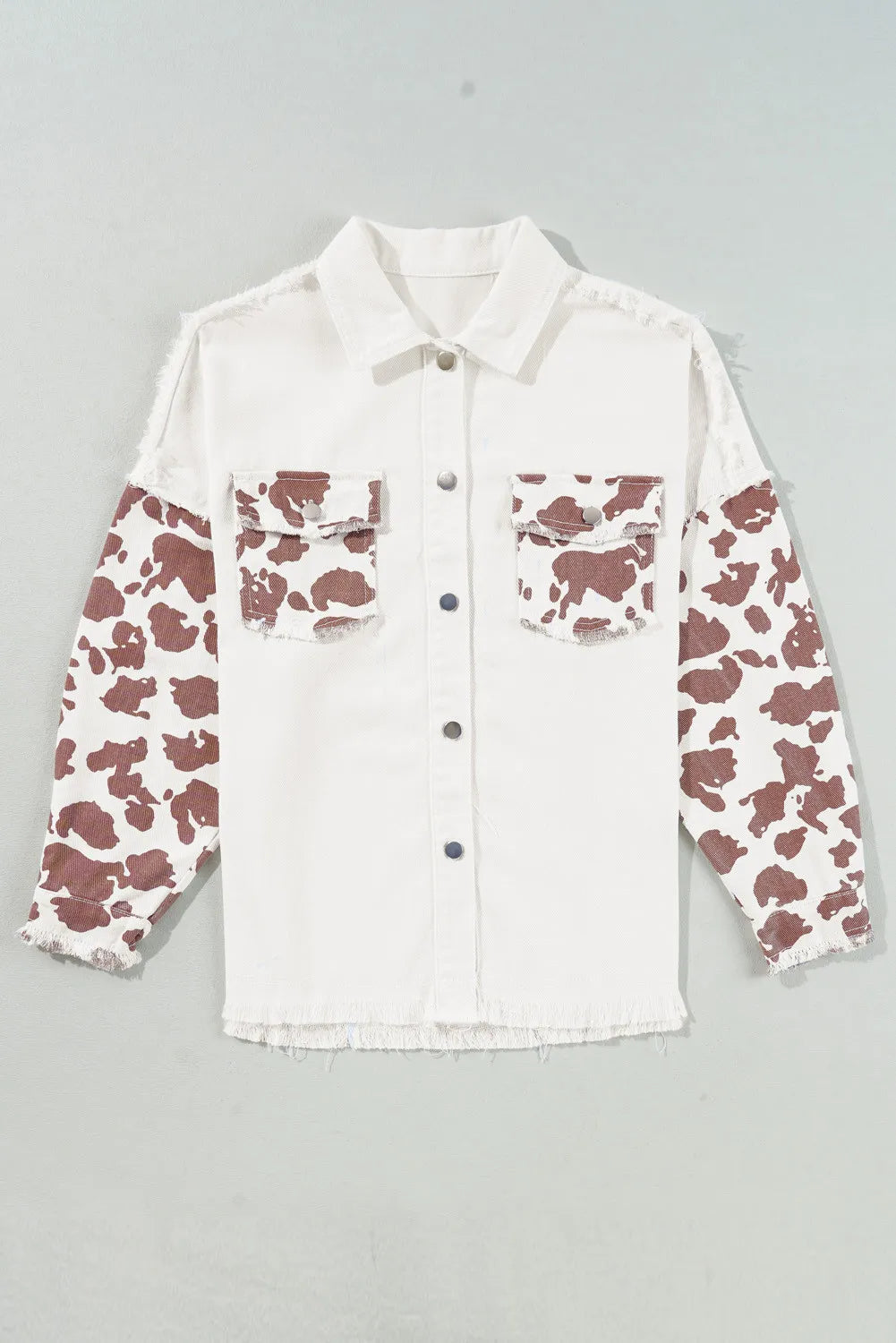 Raw Hem Animal Print Long Sleeve Denim Jacket-Angel Casuals