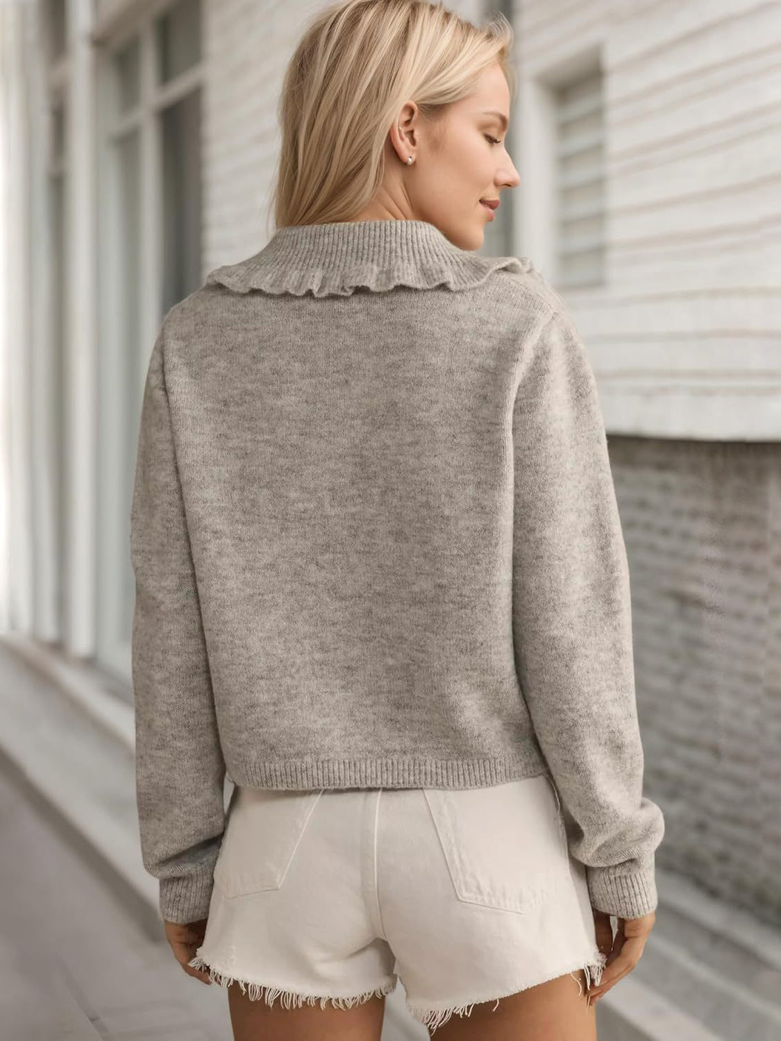Frill Button Up Collared Neck Long Sleeve Cardigan-Angel Casuals
