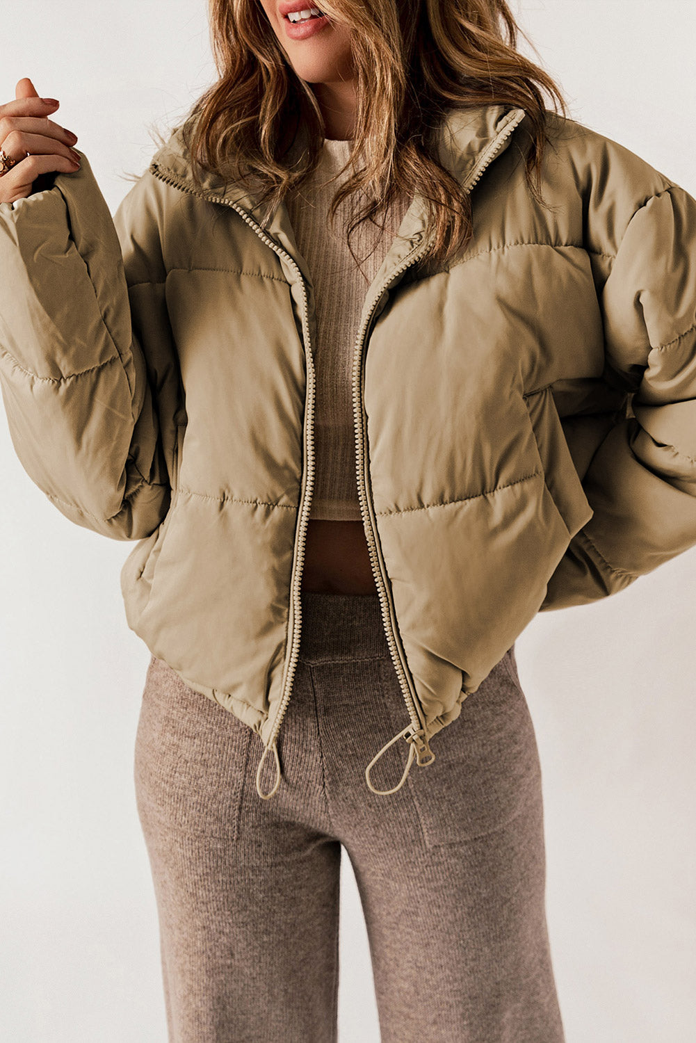 Zip Up Collared Neck Long Sleeve Winter Coat-Angel Casuals