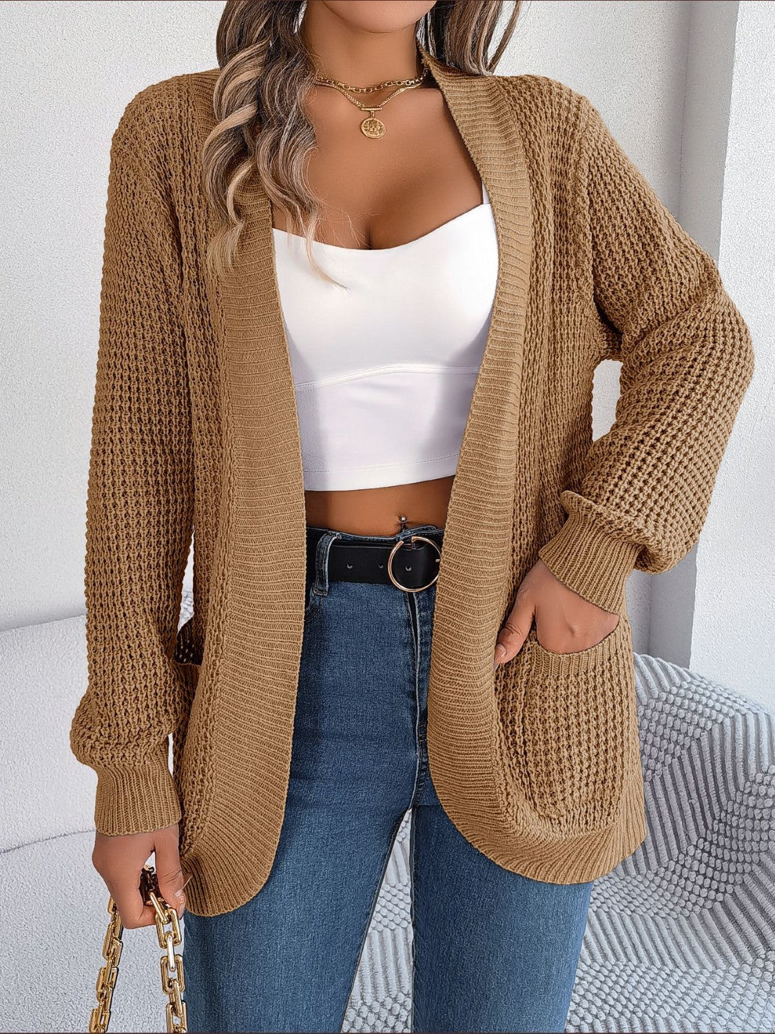 Open Front Long Sleeve Cardigan with Pockets-Angel Casuals