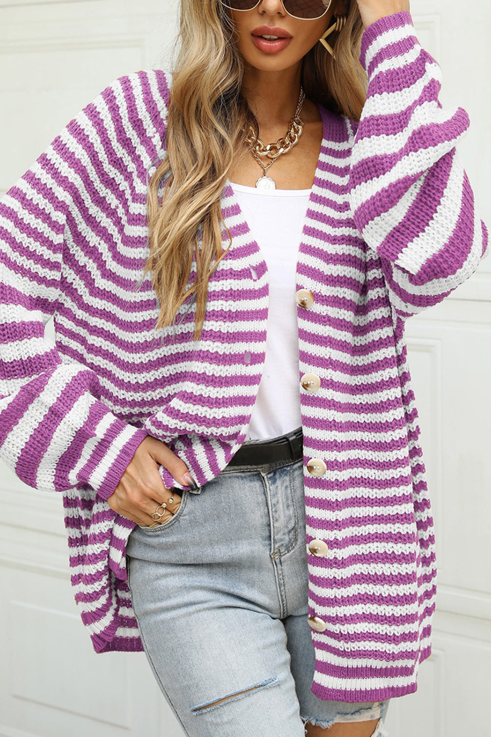 Angel Wings Striped Button Up Long Sleeve Cardigan-Angel Casuals