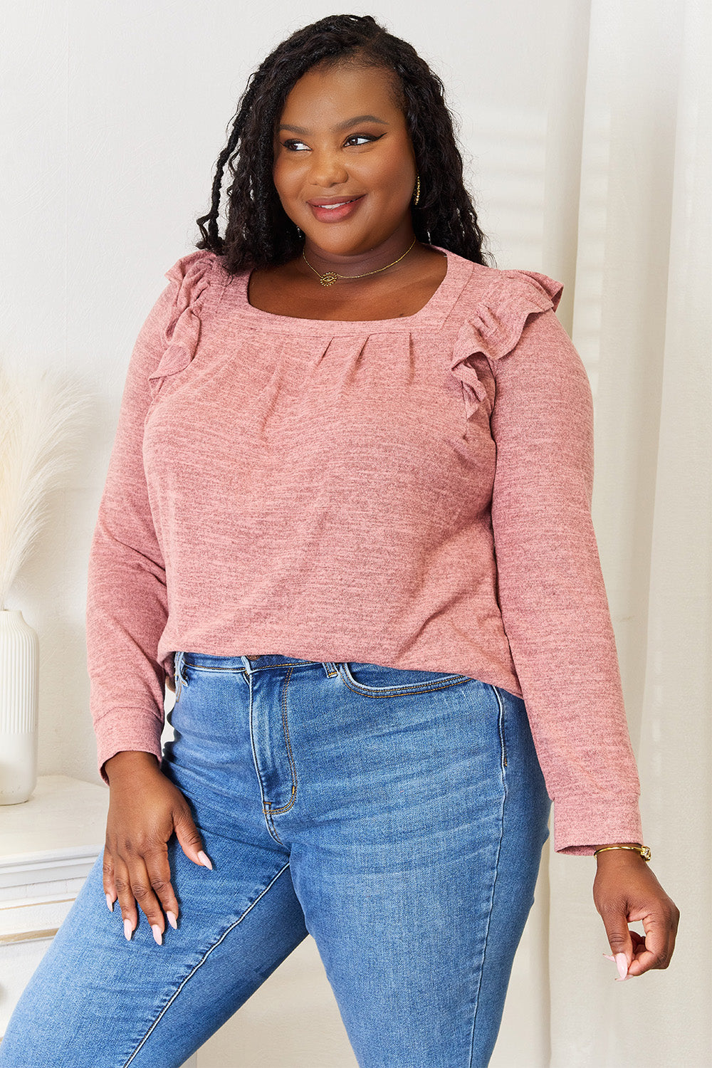 Double Take Square Neck Ruffle Shoulder Long Sleeve T-Shirt-Angel Casuals