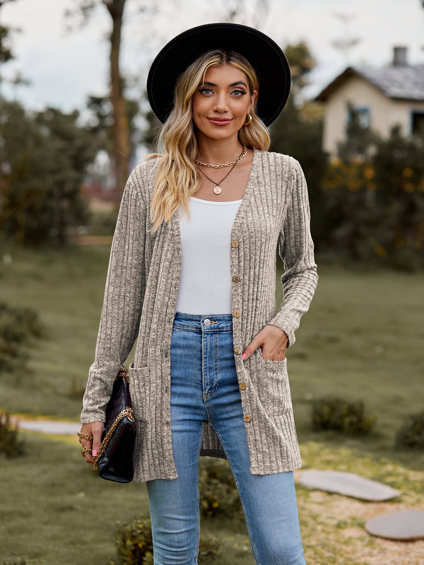 Ribbed Button-Up Cardigan with Pockets-Angel Casuals