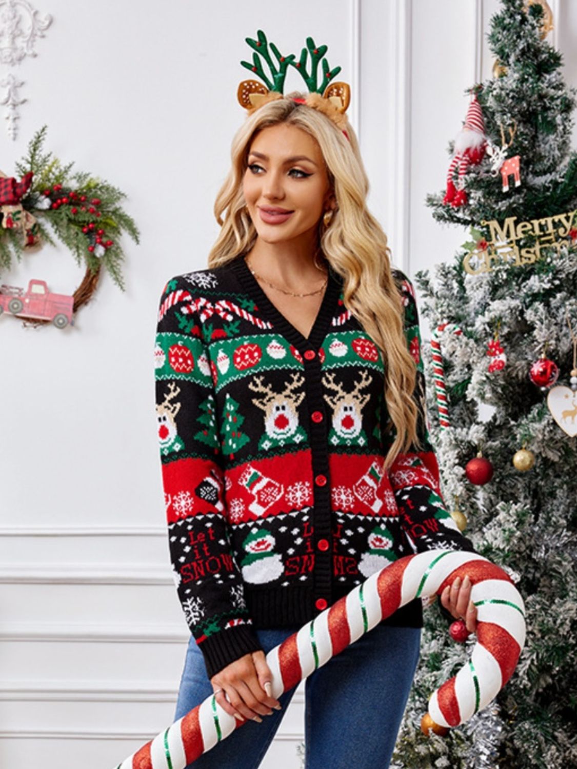 Reindeer Button Up Long Sleeve Cardigan-Angel Casuals