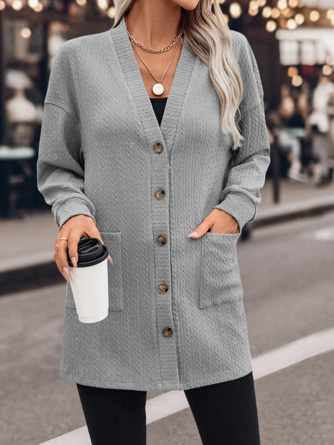Textured Button Down V-Neck Long Sleeve Cardigan-Angel Casuals
