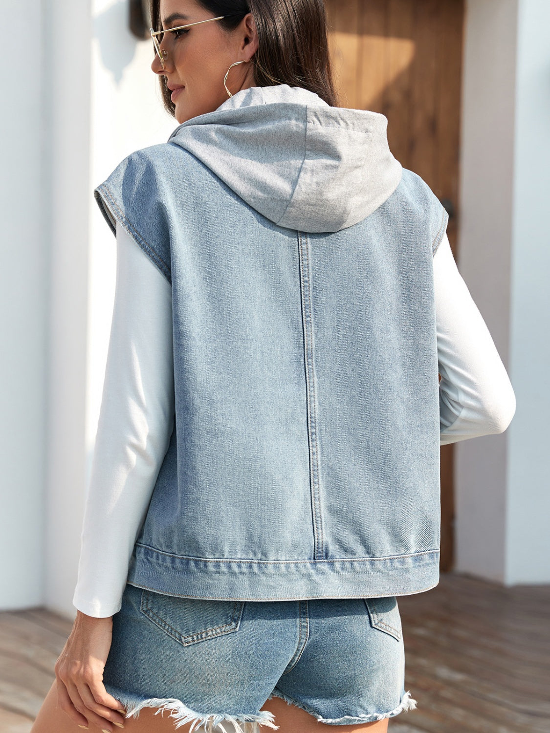 Drawstring Button Up Sleeveless Denim Jacket-Angel Casuals