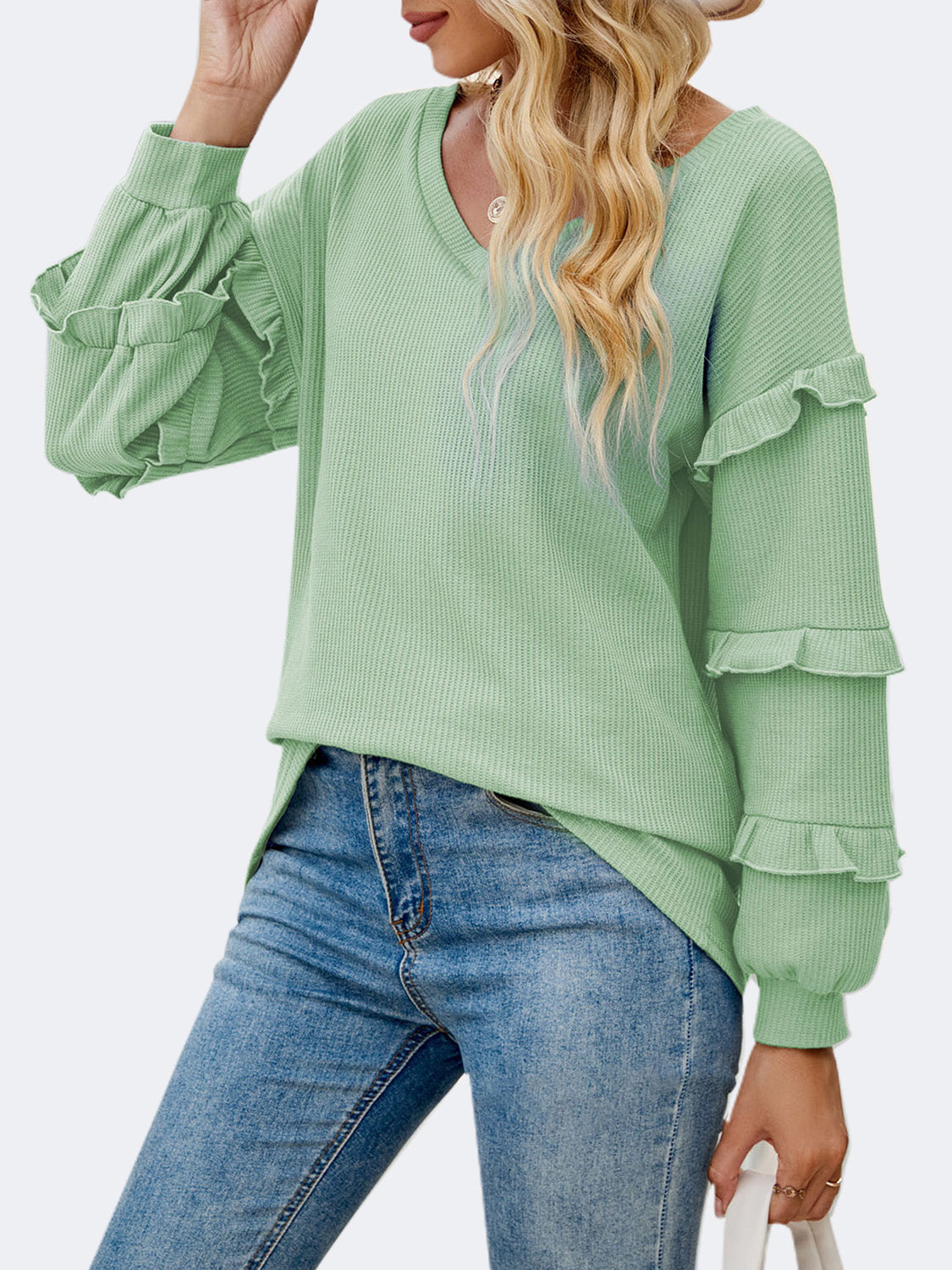 Ruffled V-Neck Long Sleeve T-Shirt-Angel Casuals