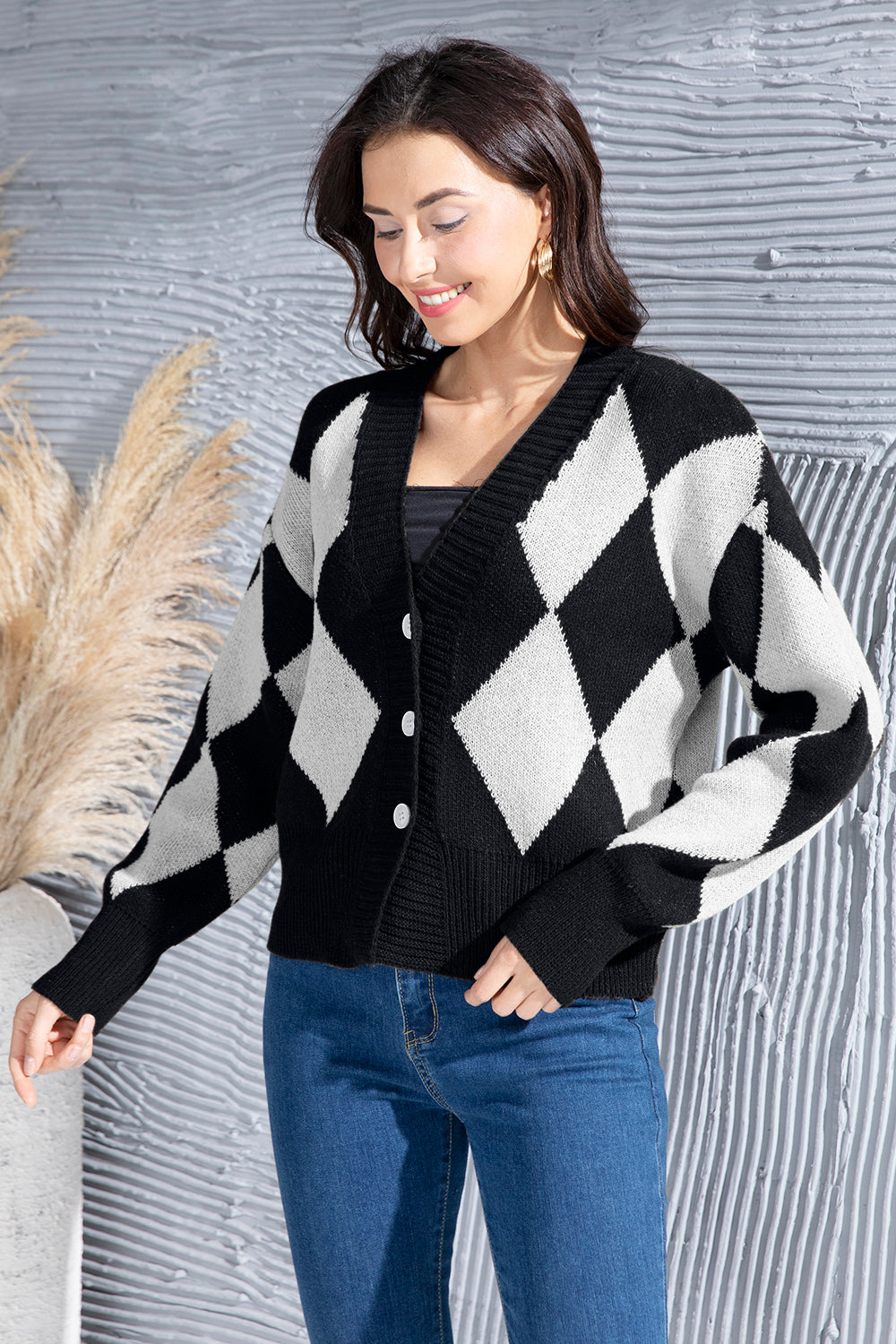 Geometric Button Up Dropped Shoulder Cardigan-Angel Casuals