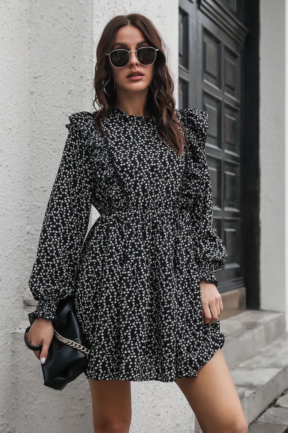 Printed Ruffle Trim Smocked Long Sleeve Mini Dress-Angel Casuals