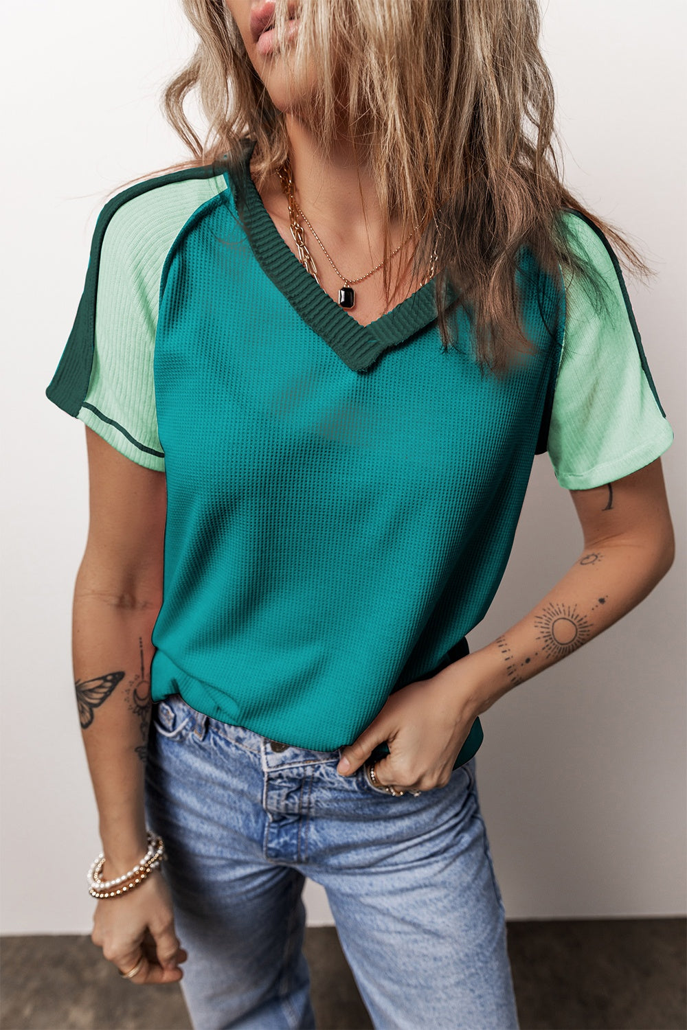 Color Block V-Neck Short Sleeve T-Shirt-Angel Casuals