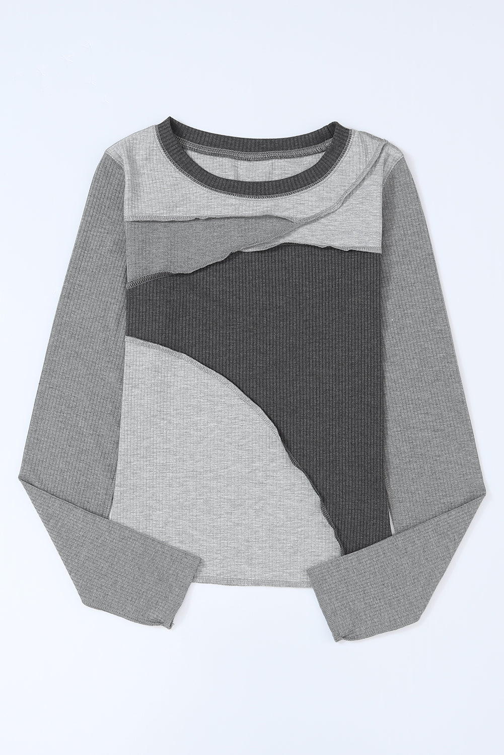 Exposed Seam Contrast Round Neck Long Sleeve T-Shirt-Angel Casuals