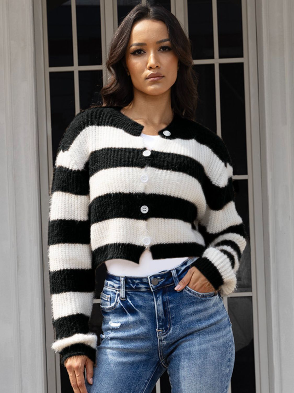 Striped Button Up Dropped Shoulder Cardigan-Angel Casuals