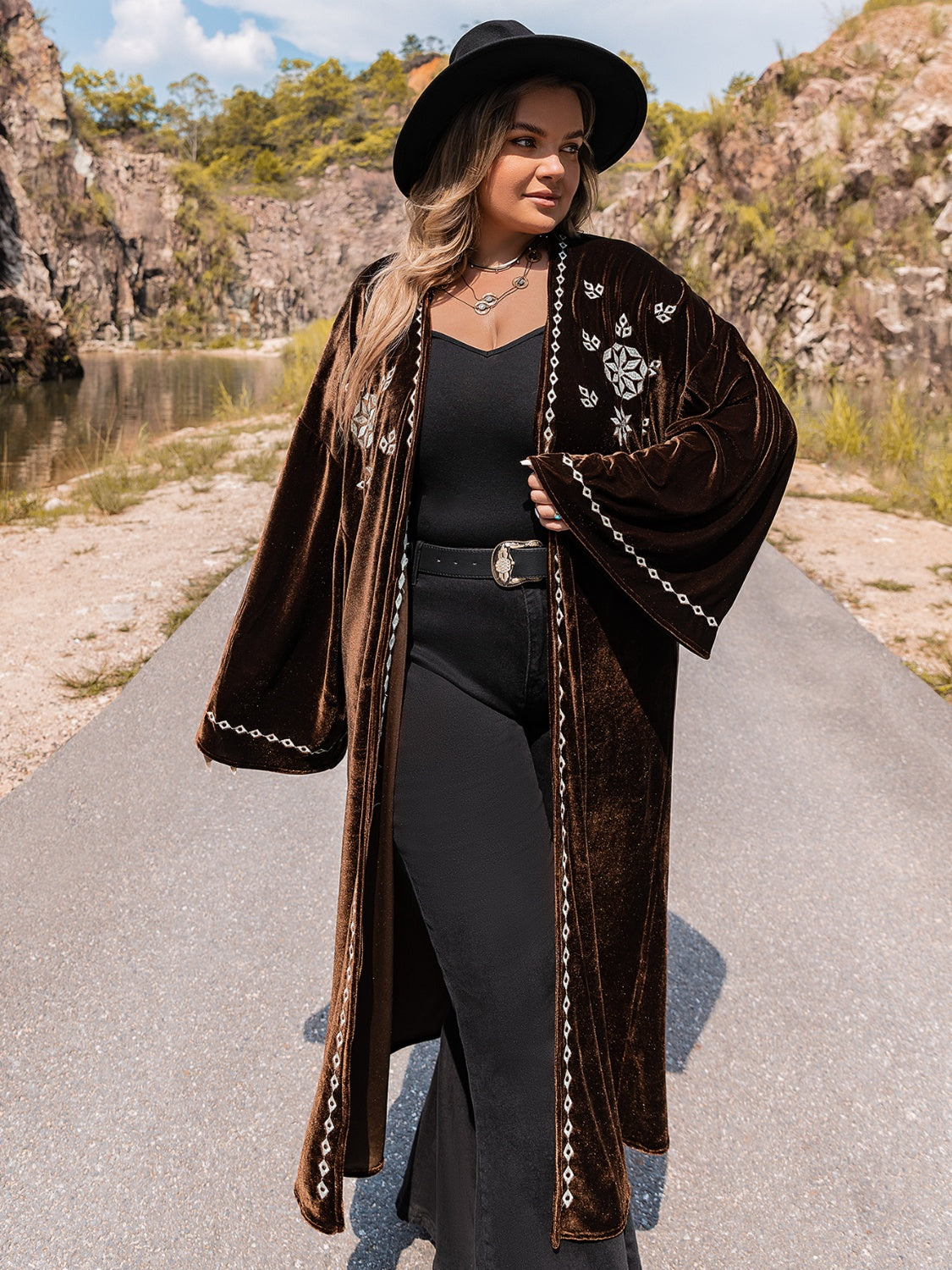 Plus Size Embroidery Open Front Long Sleeve Cardigan-Angel Casuals