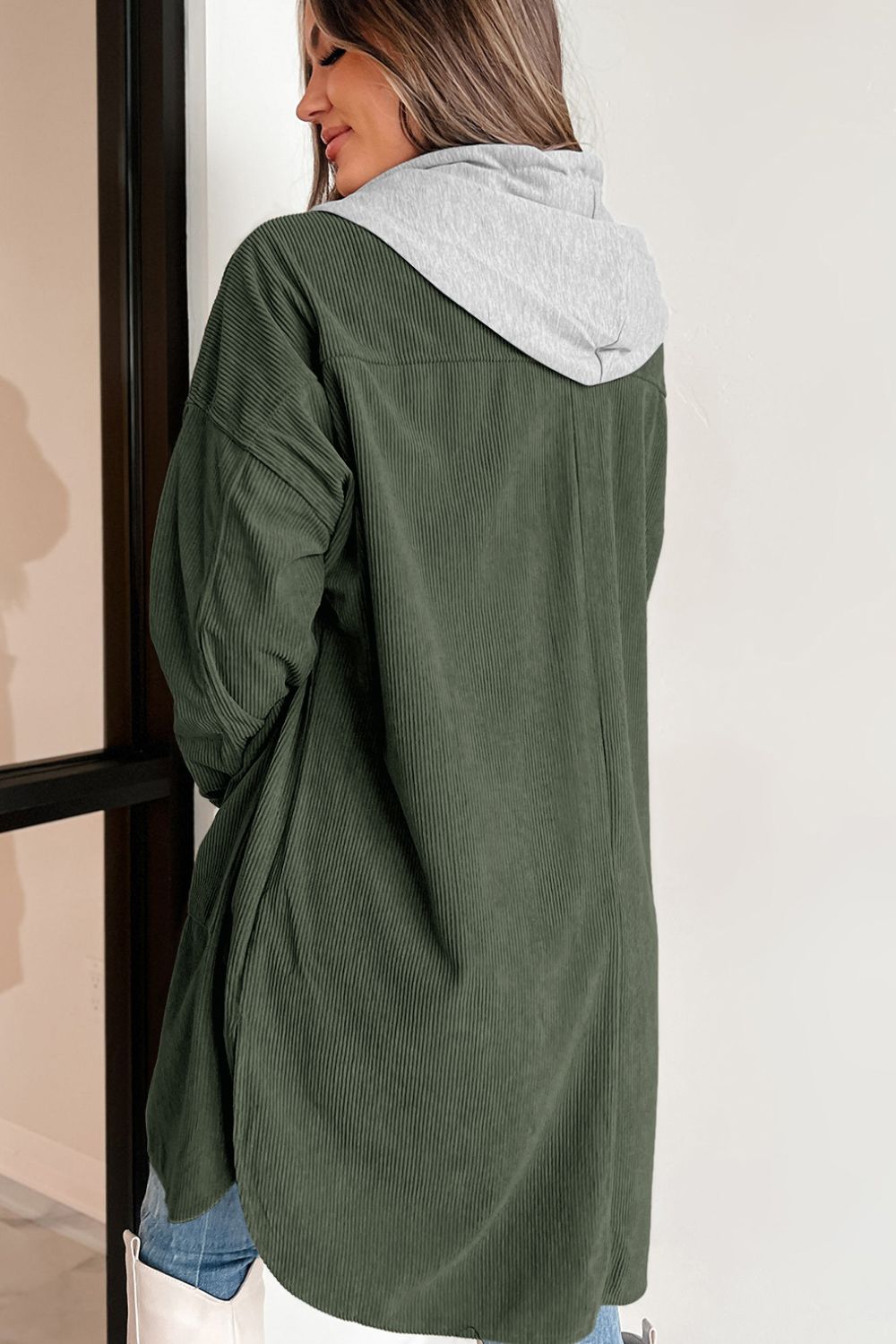 Drawstring Button Up Long Sleeve Hooded Jacket-Angel Casuals