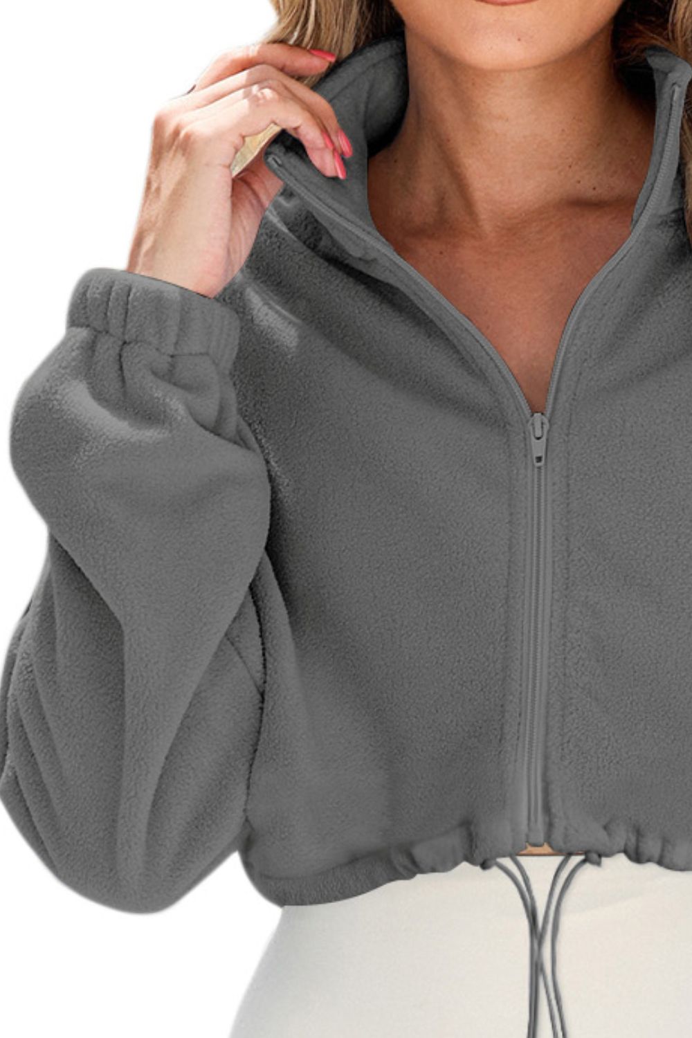 Drawstring Zip Up Dropped Shoulder Outerwear-Angel Casuals