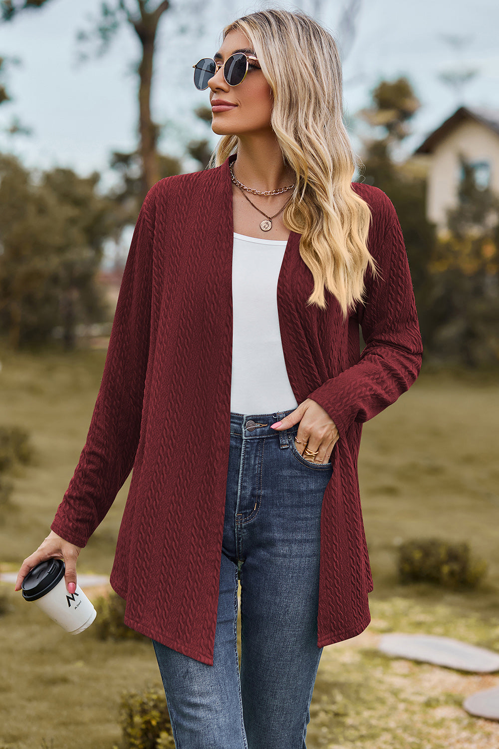 Textured Open Front Long Sleeve Cardigan-Angel Casuals