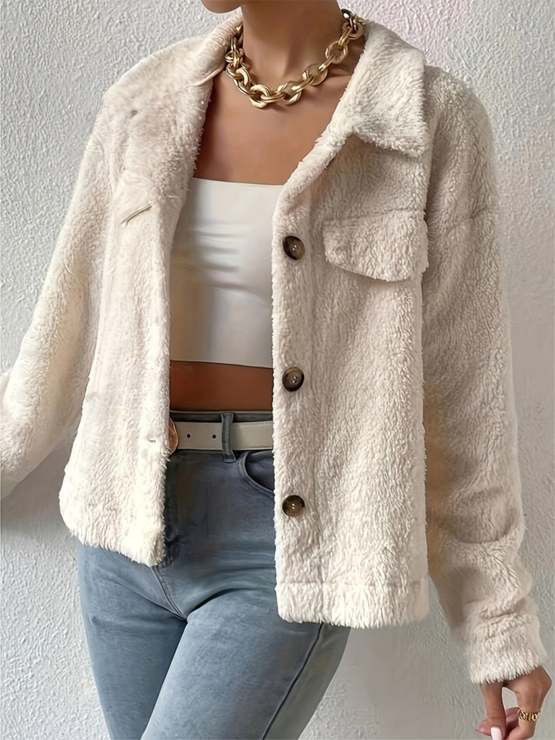 Collared Neck Button Up Jacket with Decorative Pocket Flaps-Angel Casuals