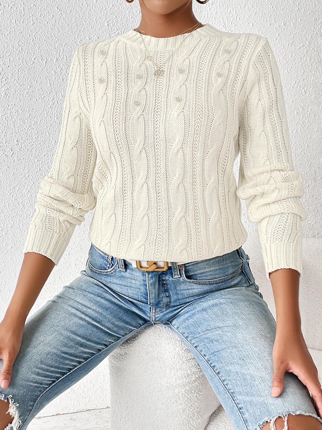 Cable-Knit Round Neck Long Sleeve Sweater-Angel Casuals