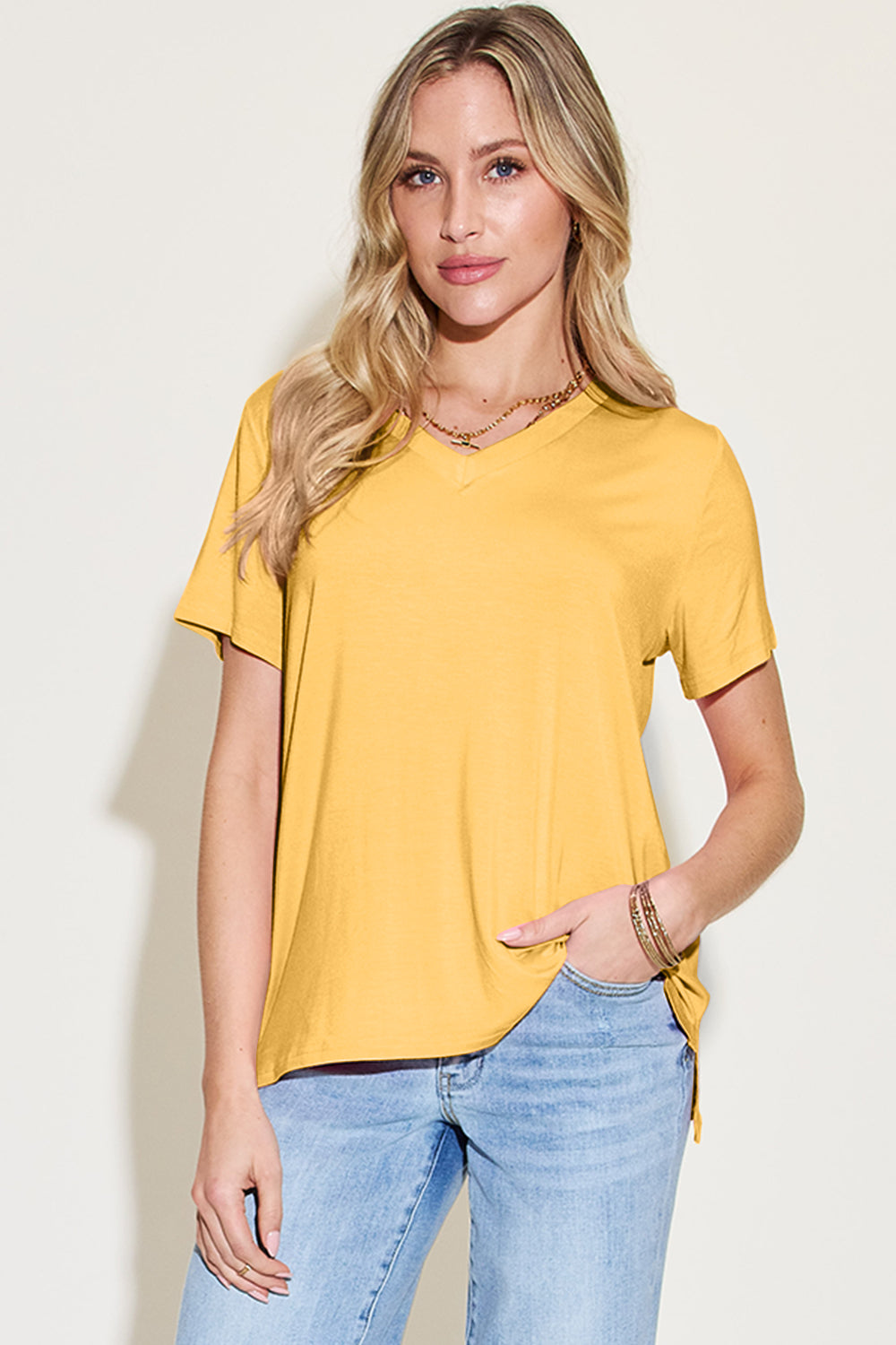 Basic Bae Bamboo Full Size V-Neck High-Low T-Shirt-Angel Casuals