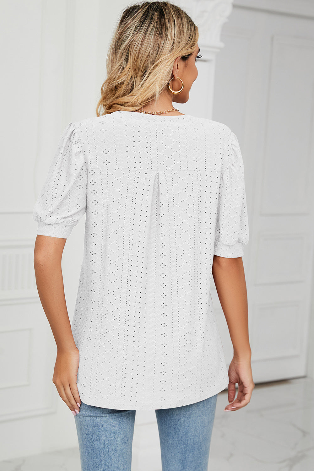 Eyelet Notched Short Sleeve T-Shirt-Angel Casuals