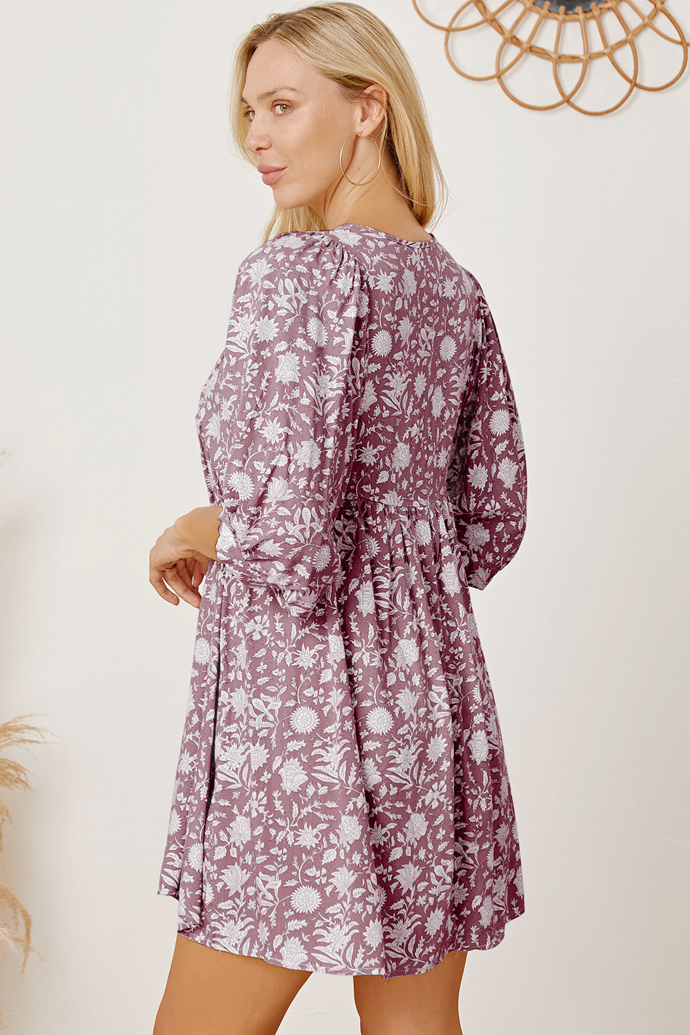 Floral Tie Neck Ruched Babydoll Dress-Angel Casuals
