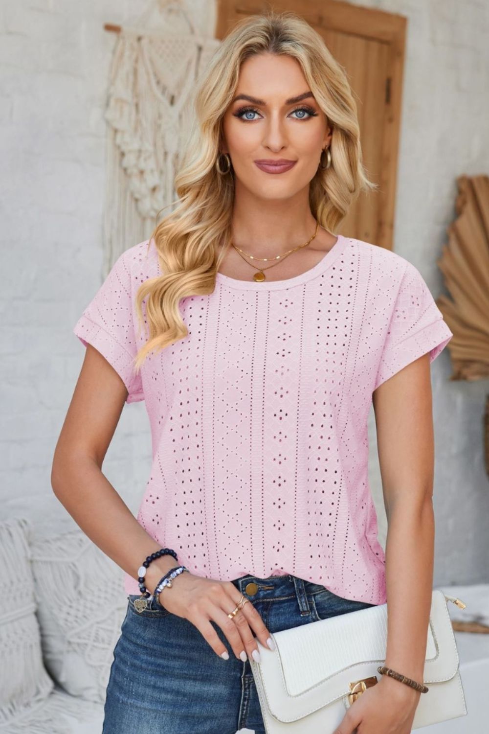 Eyelet Round Neck Rolled Short Sleeve T-Shirt-Angel Casuals