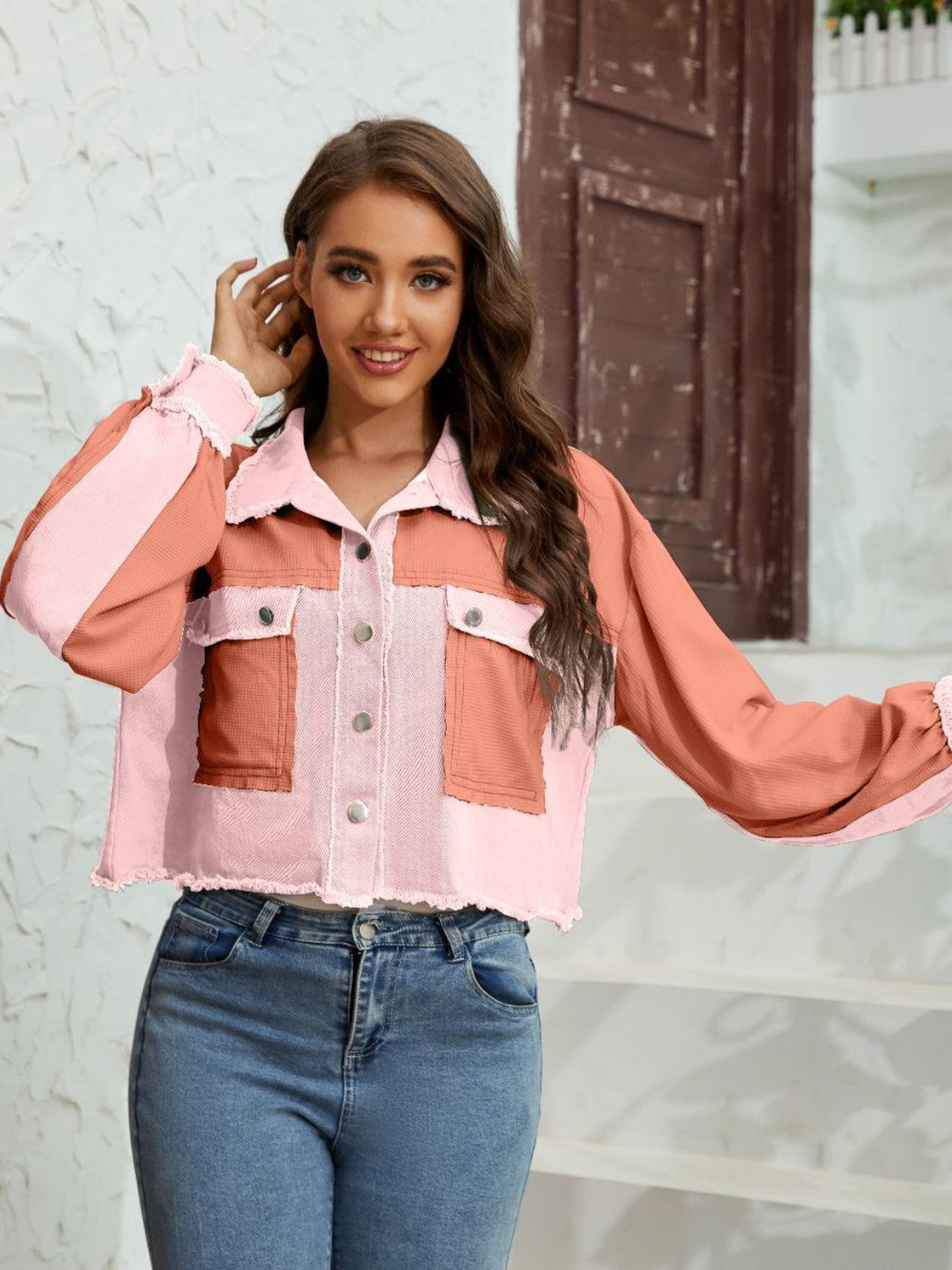 Color Block Crop Jacket with Pockets-Angel Casuals