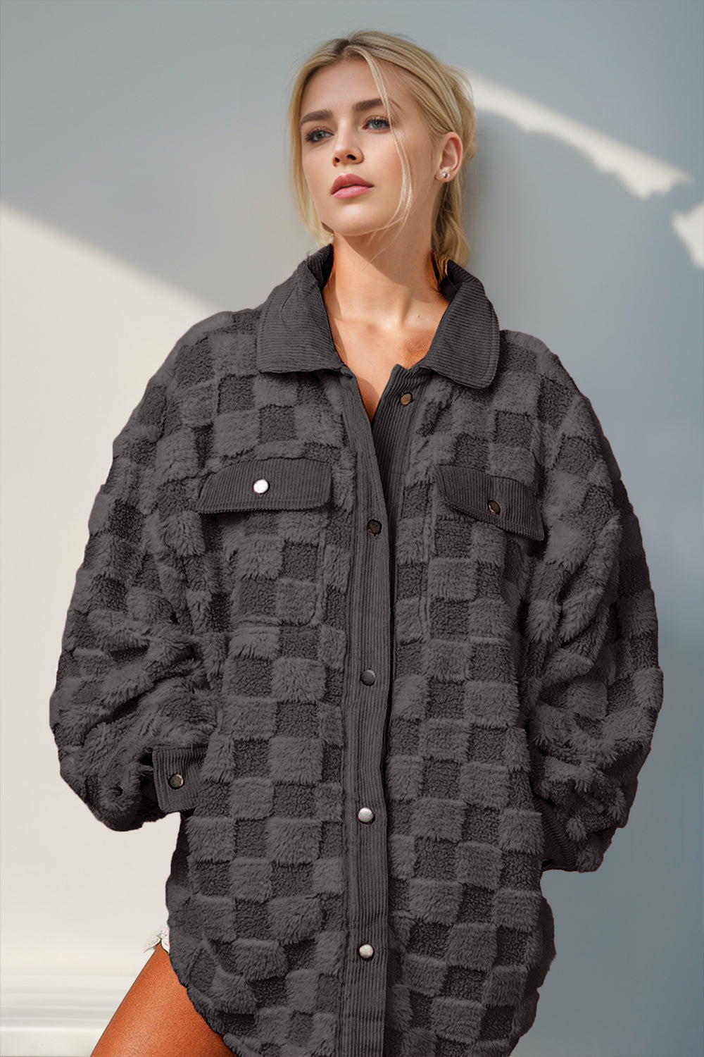 Double Take Button Up Fuzzy Checkered Shacket-Angel Casuals