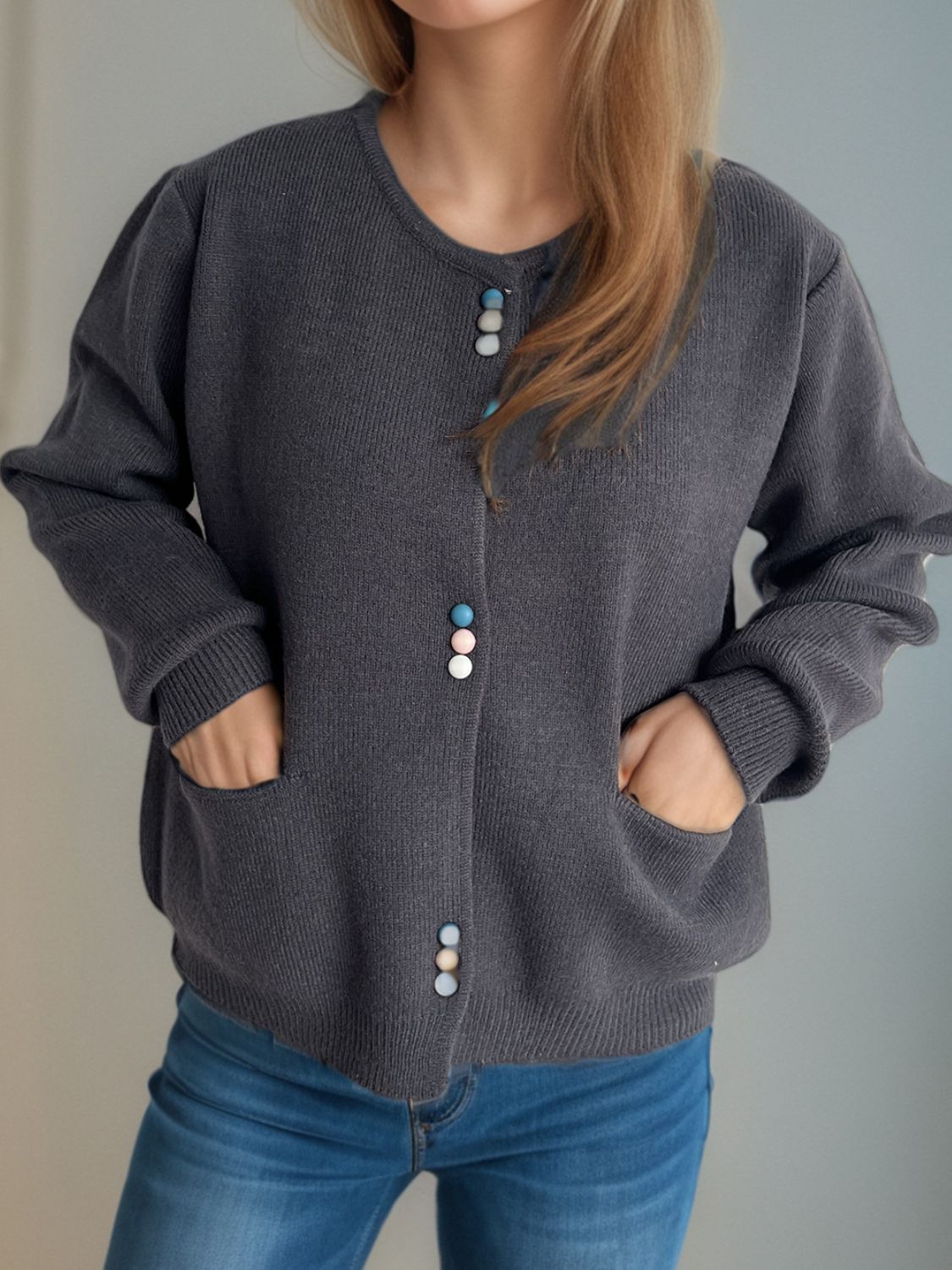 Button Down Long Sleeve Cardigan with Pockets-Angel Casuals