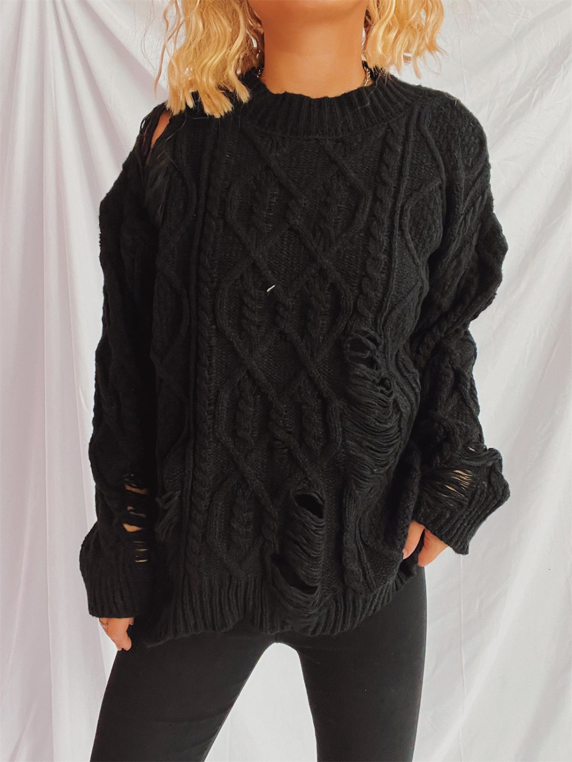 Distressed Cable-Knit Round Neck Long Sleeve Sweater-Angel Casuals