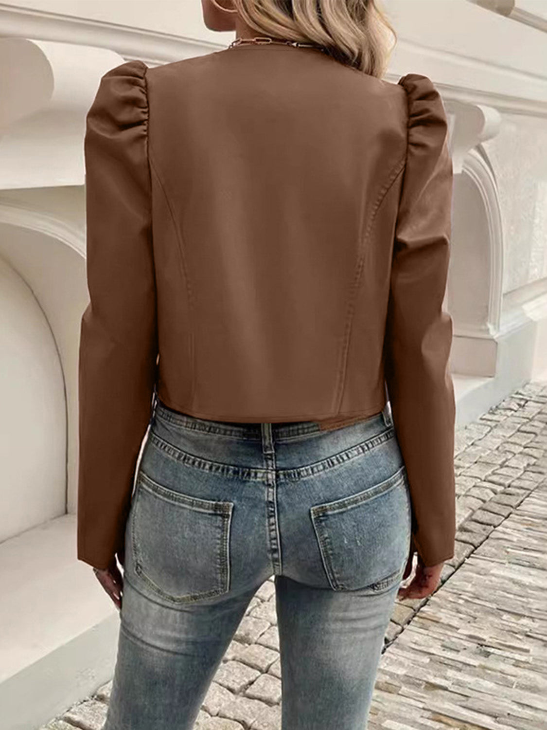 PU Leather Open Front Puff Sleeve Jacket-Angel Casuals