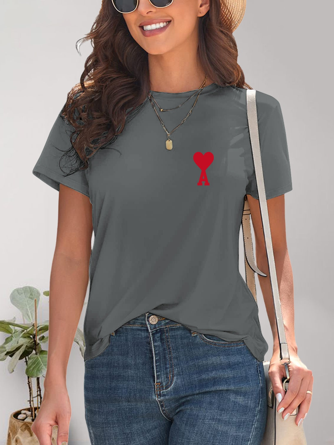 Heart Round Neck Short Sleeve T-Shirt-Angel Casuals
