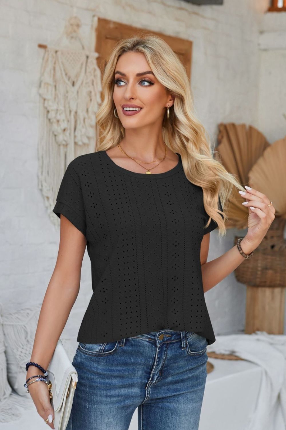 Eyelet Round Neck Rolled Short Sleeve T-Shirt-Angel Casuals
