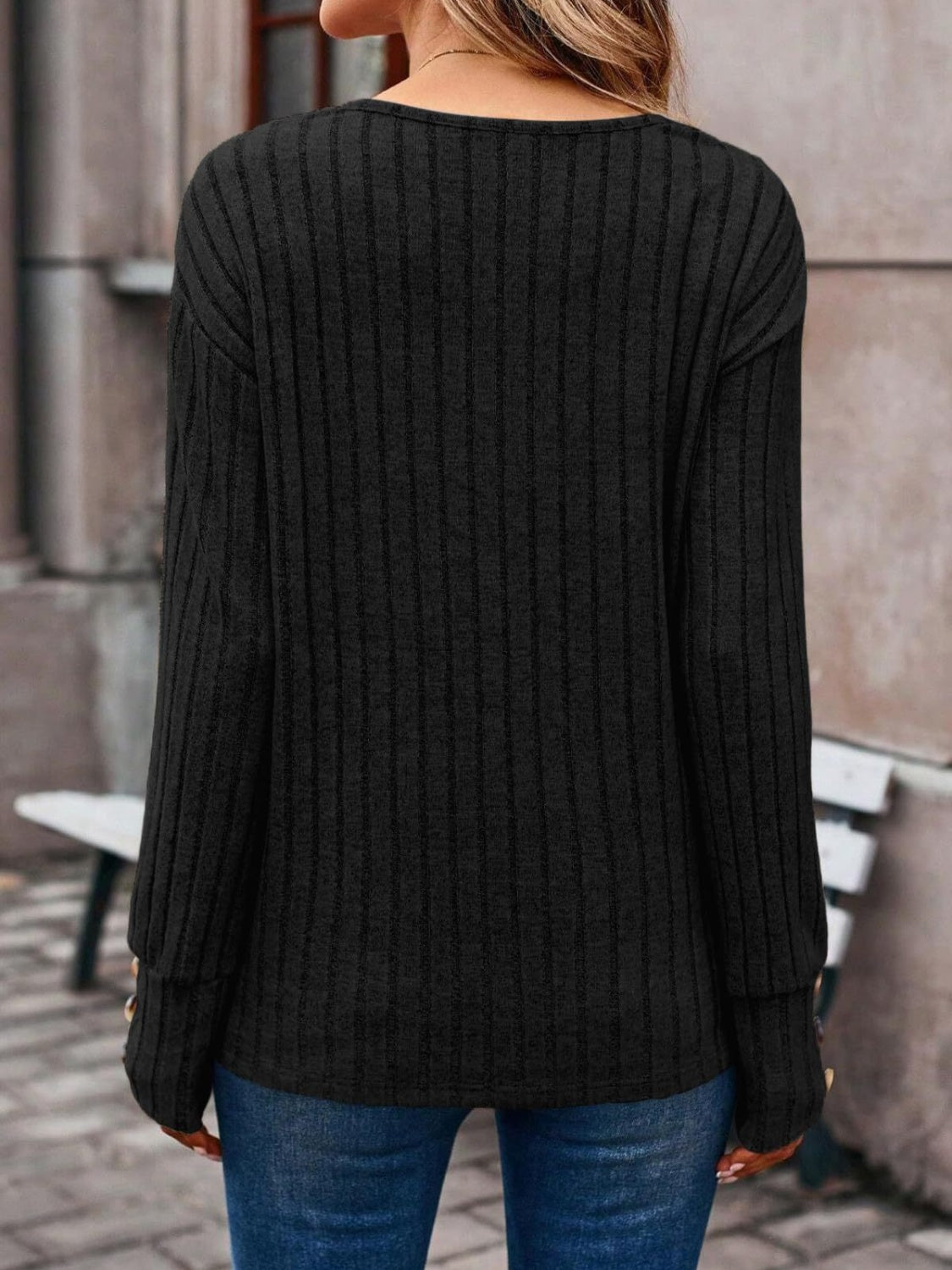 Ribbed V-Neck Long Sleeve T-Shirt-Angel Casuals