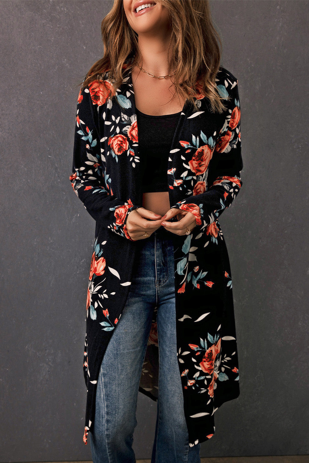 Double Take Printed Open Front Longline Cardigan-Angel Casuals