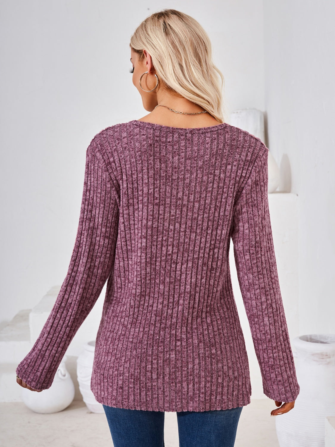 Ribbed Buttoned Round Neck Slit T-Shirt-Angel Casuals