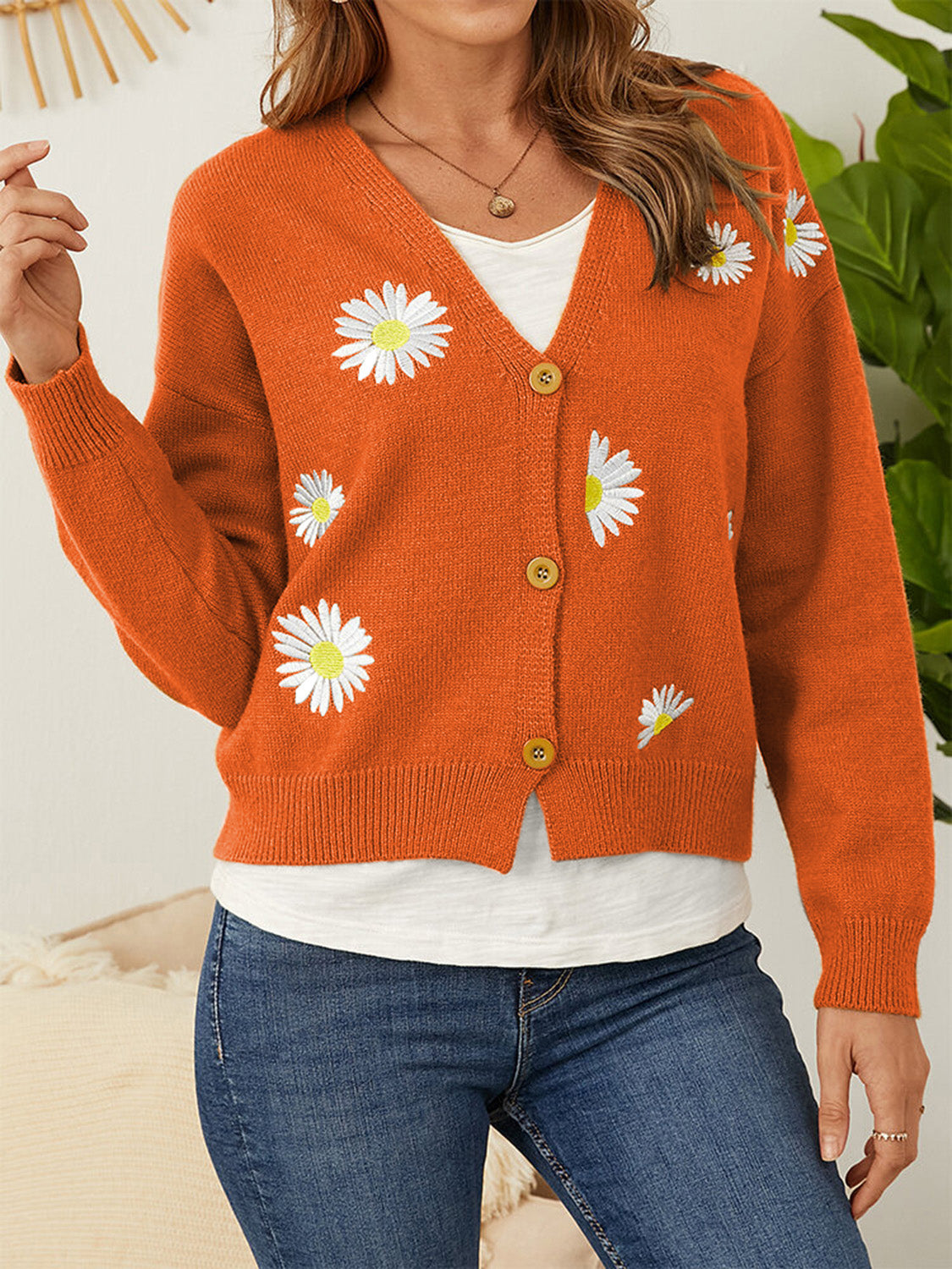 Flower Button Front Dropped Shoulder Cardigan-Angel Casuals