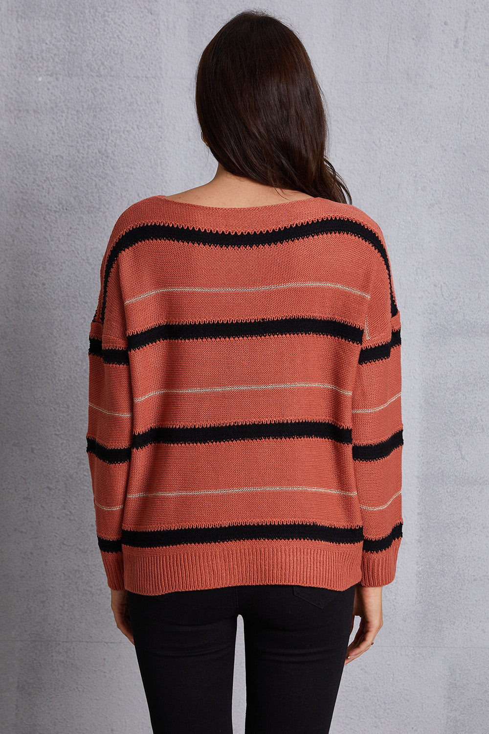 Striped Round Neck Dropped Shoulder Sweater-Angel Casuals
