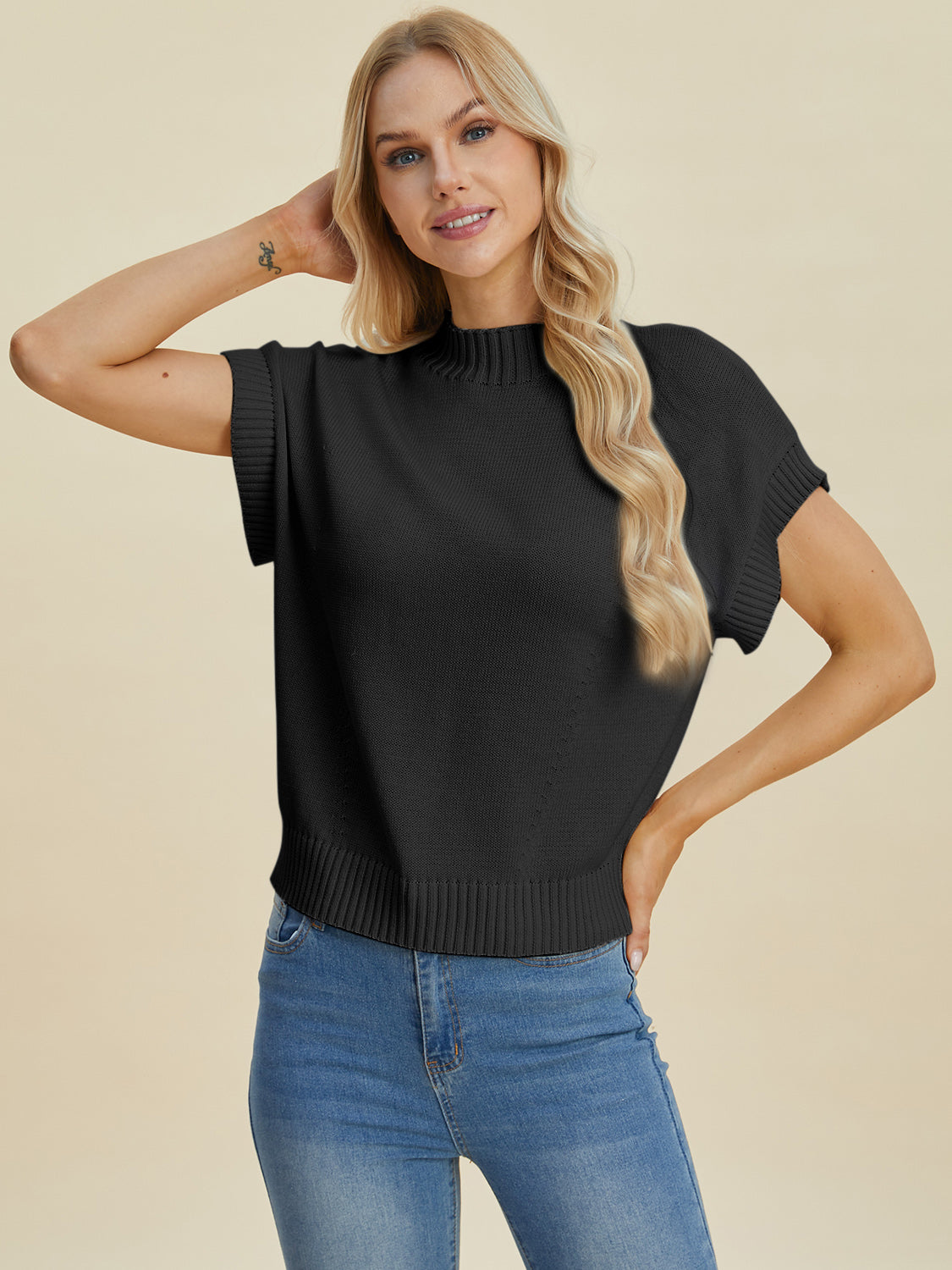 Double Take Full Size Mock Neck Short Sleeve Sweater-Angel Casuals