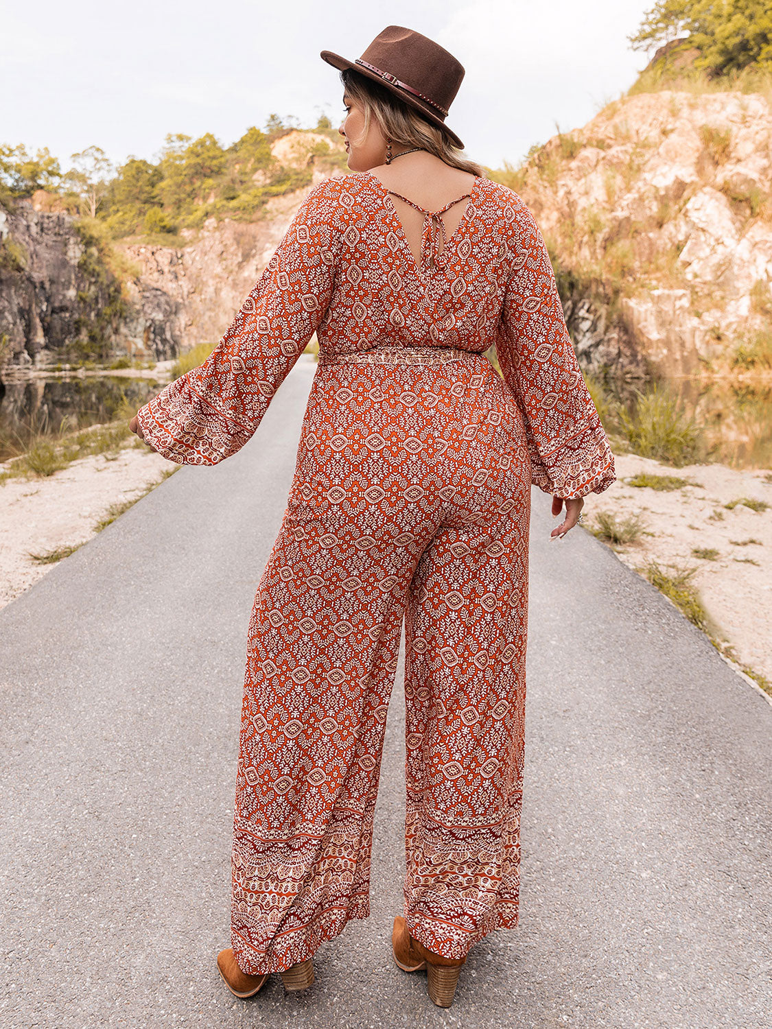 Plus Size Printed V-Neck Tie Front Balloon Sleeve Jumpsuit-Angel Casuals
