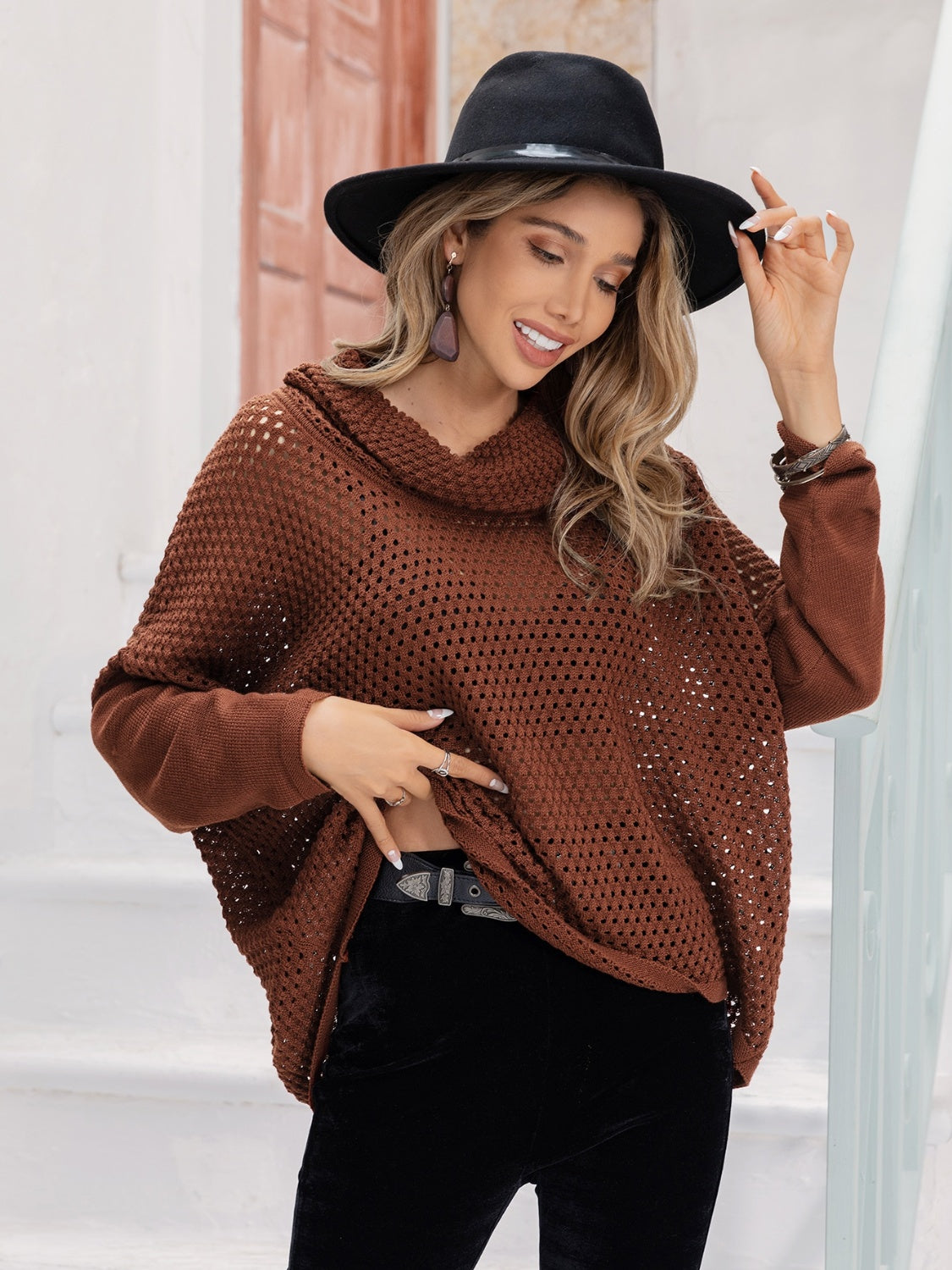 Openwork Mock Neck Dropped Shoulder Sweater-Angel Casuals