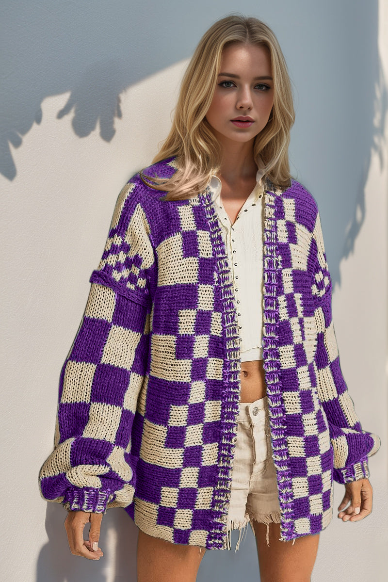 Double Take Full Size Open Front Checkered Drop Shoulder Cardigan-Angel Casuals