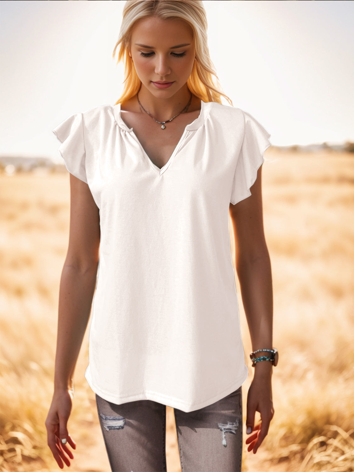 Ruffled Notched Cap Sleeve Tank-Angel Casuals