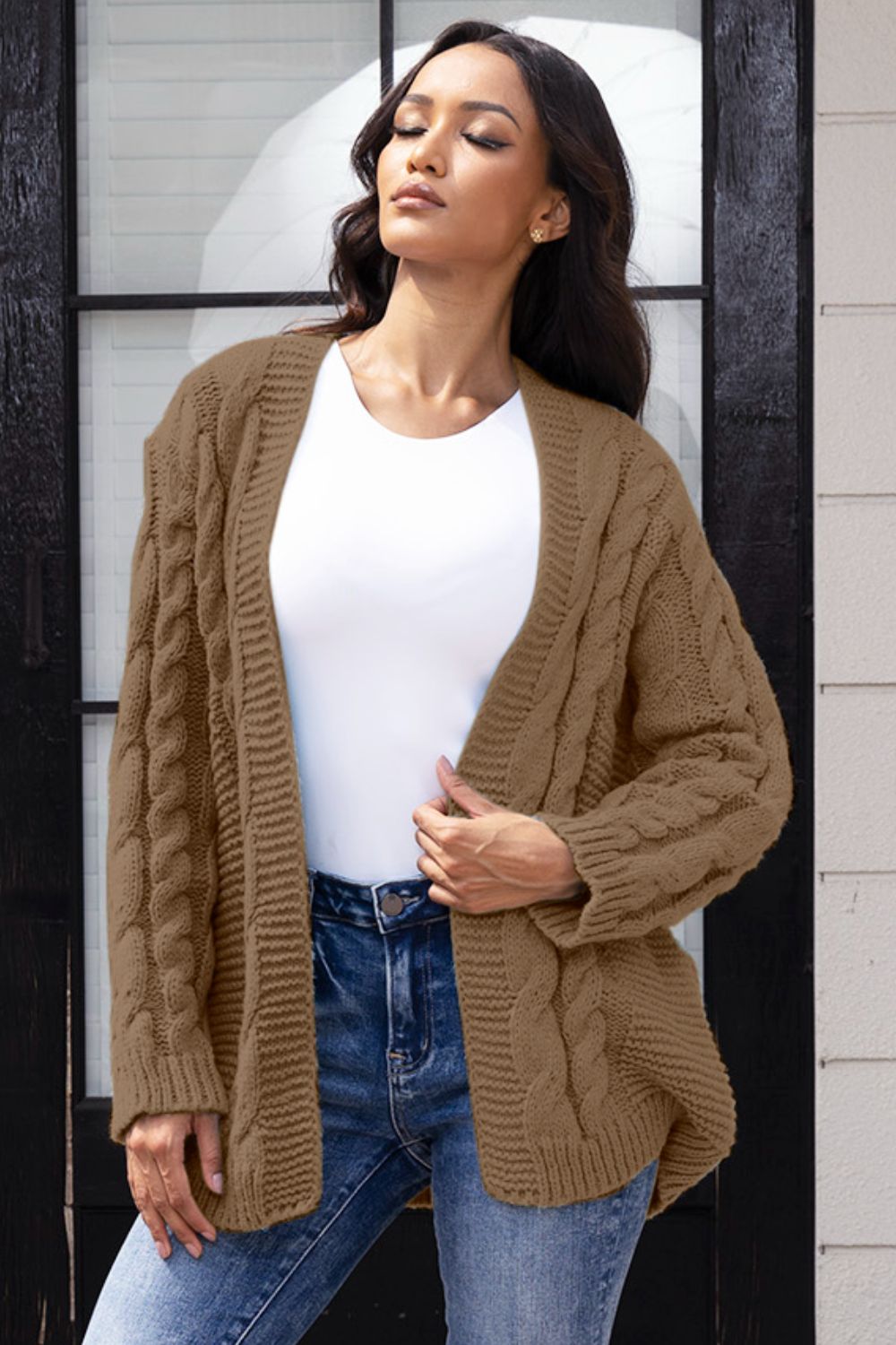 Open Front Cable-Knit Cardigan-Angel Casuals